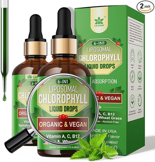 Organic Chlorophyll Liquid Drops Liposomal for Women & Men, 6-in-1 Greens Superfood Vegan Chlorophyll w/Spirulina, Wheat Grass, Vitamin C B12 A for Internal Deodorant*, Energy,Digestive,2Packs/4 Fl Oz