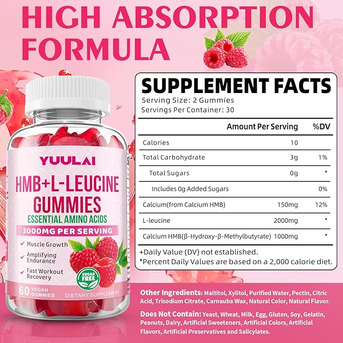 HMB and L-Leucine Gummies, 3000mg HMB and Leucine Amino Acid for Men Women, for Muscle Growth, Muscle Relief, and Fast Workout Recovery, Vegan, Raspberry Flavor, 60 Count