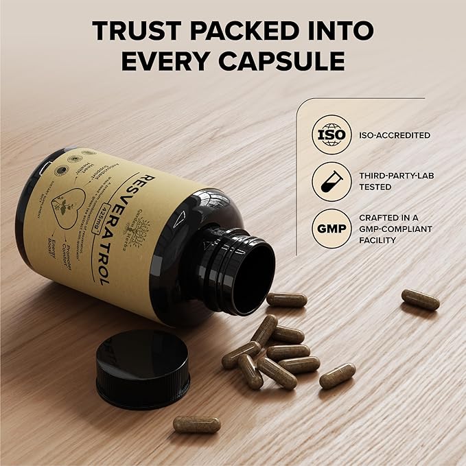 Resveratrol Supplement with Quercetin & Grape Seed – 850mg Herbal Blend, High Potency Polyphenols & Antioxidants for General Wellness, 60 Vegan Capsules