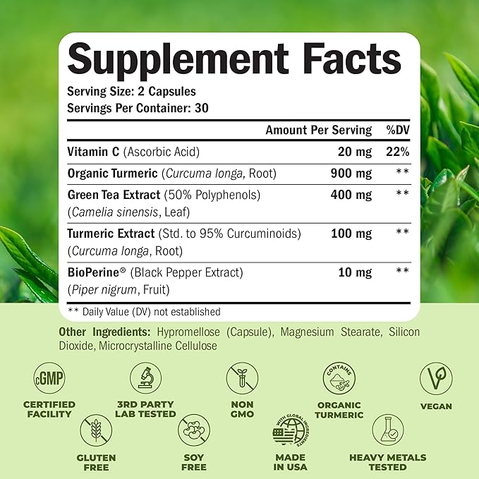 Turmeric Supplement & Green Tea Extract Capsules. Green Tea Supplement with Organic Turmeric Curcumin with Black Pepper & Vitamin C for Joint Health, Antioxidant Support & Healthy Metabolism. 60 Caps