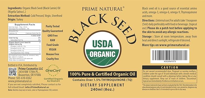PRIME NATURAL Organic Black Seed Oil 8oz | Cold Pressed Unrefined High Thymoquinone 1.7% USDA Certified | Turkish Origin Potent Pure Nigella Sativa Liquid | Vegan Omega 3 6 9, Antioxidant