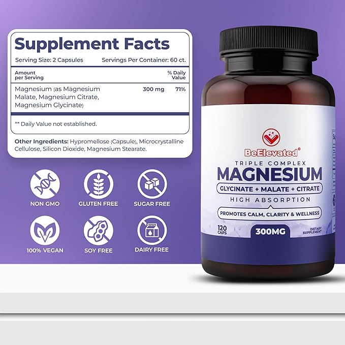 Triple Complex Magnesium Supplement – Fast-Acting Magnesium Complex Supplement with Glycinate, Citrate & Malate for Relaxation, Sleep & Well-Being – Natural, Vegan, Non-GMO Capsules (300mg)