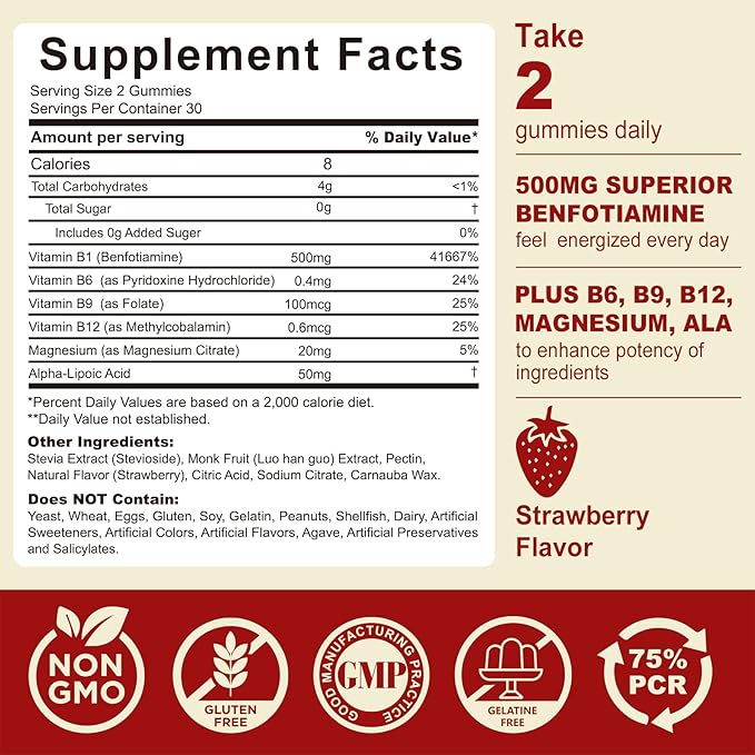 Vitamin B1 Gummies - Benfotiamine 500mg, Vitamin B1 B6 B12 Complex, 3.6X More Effective Than Thiamine, Carbohydrate & Energy Plus Healthy Nervous System, 1 Pack
