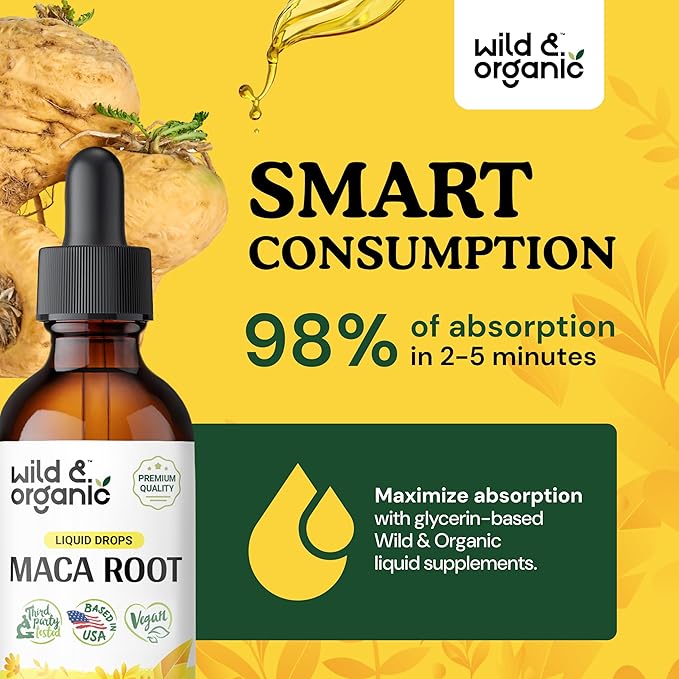 Wild & Organic Maca Root Drops for Women & Men - Mood, Focus, Active Lifestyle - Peruvian Maca Supplement - Vegan, Sugar & Alcohol-Free Tincture - 2 fl oz