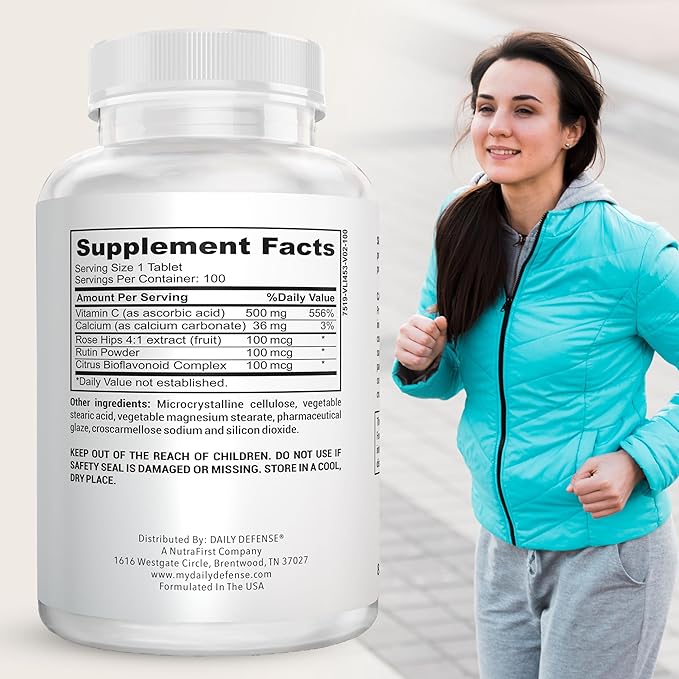 Vitamin C 500 mg with Rose HIPS Immune Support Supplement for Antioxidant Protection, Energy Boost, & Overall Wellness 100 Vitamin C Tablets for Men & Women