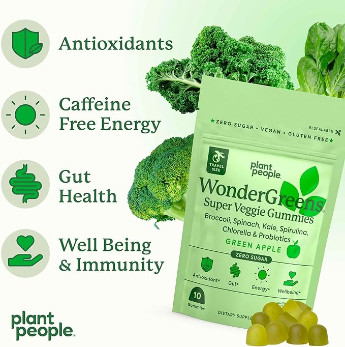 Plant People WonderGreens Veggie Gummies Super Greens with Probiotics Multivitamin Support Gummy for Wellbeing, Energy, Immune and Gut Health, Green Apple Flavor (Trial Size, 10 Count)