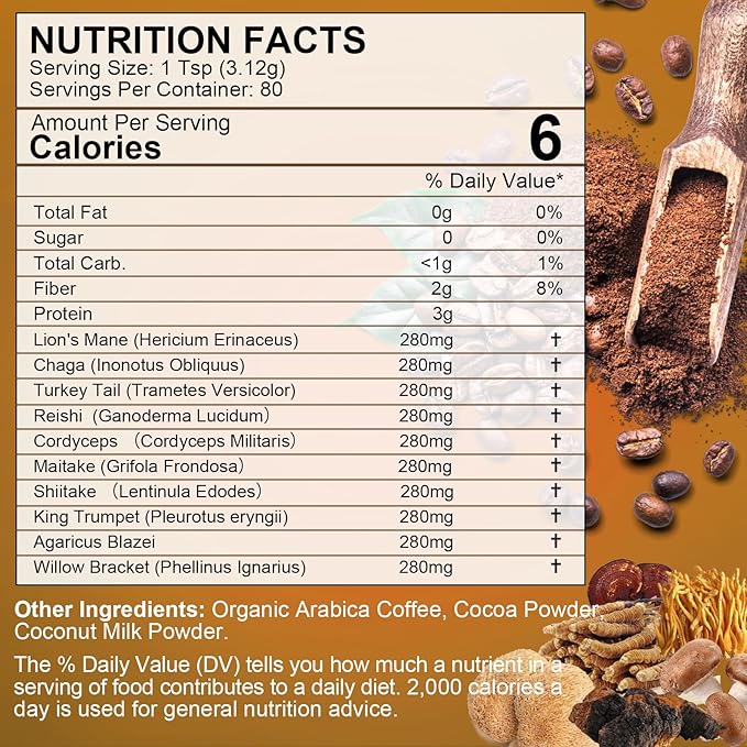250g Mushroom Coffee - Lions Mane Mushroom Powder Instant Coffee with Lion's Mane, Reishi, Chaga, Cordyceps, Turkey Tail, Arabica - Mushroom Coffee Blend Support Gut, Focus, Brain Health
