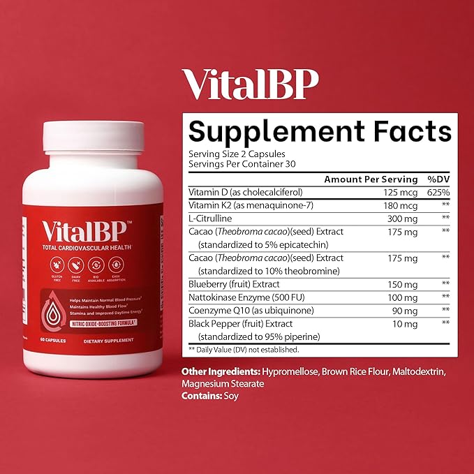 Vital BP - Support for Normal Blood Pressure - Supports Blood Flow & Arteries - with CoQ10, L-Citrulline, and K2 & D3-60 Capsules