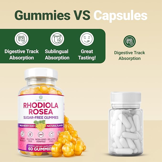 Purify Life Sugar-Free Rhodiola Rosea Gummies (1500mg/Serving) Cortisol Detox & Adrenal Support Supplement - Adaptogenic Rhodiola for Mood, Motivation, Stamina & Performance, Non-GMO, 60 Vegan Chews