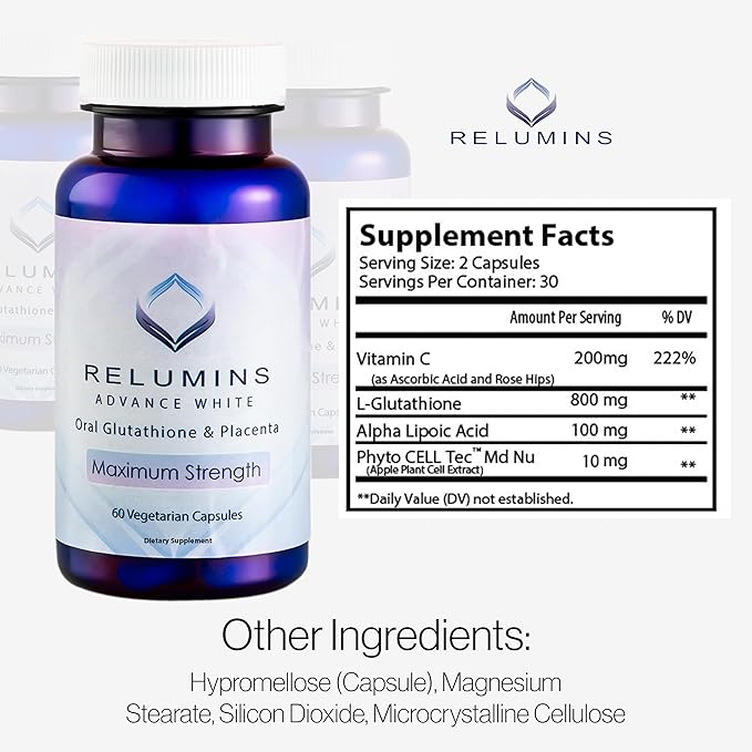 Advanced White Glutathione Placenta and Collagen Stack - 60 Capsules of Gluta Placenta with 60 Peach-Flavored Collagen Supplement Tablets
