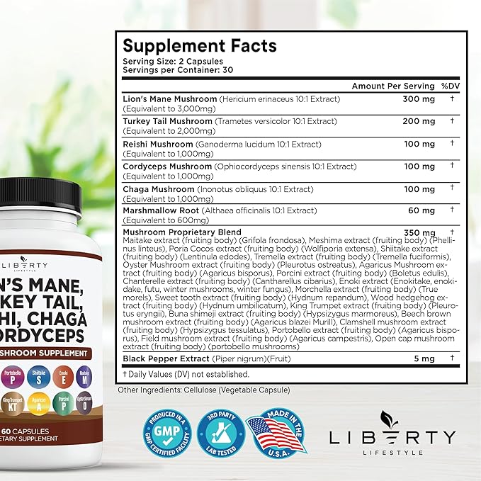 Lions Mane Mushroom Supplement with Turkey Tail Reishi Cordyceps Chaga with Marshmallow Root - 2-Pack