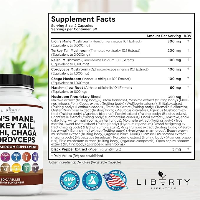 Lions Mane Mushroom Supplement with Turkey Tail Reishi Cordyceps Chaga with Marshmallow Root - 3-Pack