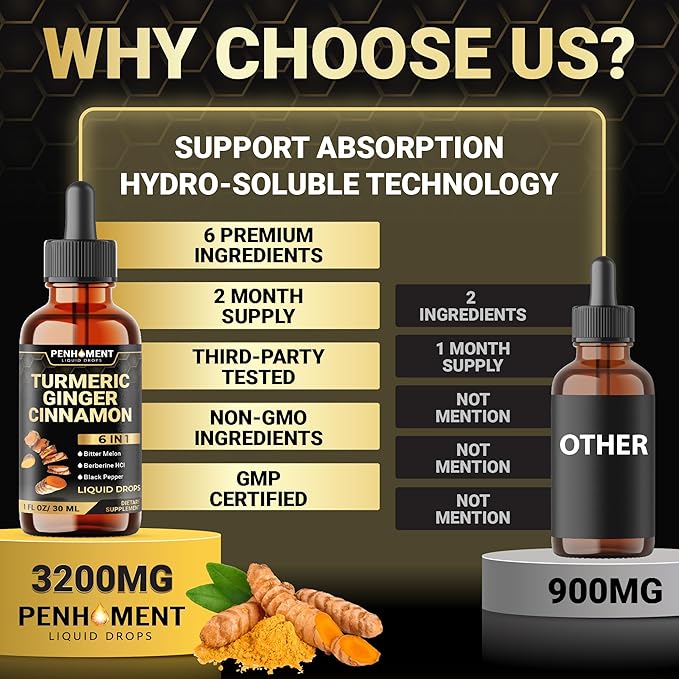 6in1 Liquid Turmeric Ceylon Cinnamon Berberine Ginger Bitter Melon & Black Pepper – Turmeric Supplement Drops for Digestive Health & Mobility – 1 FL OZ – 60 Servings