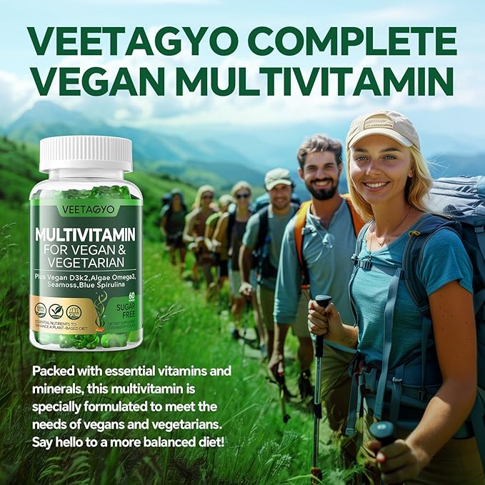 Vitamin D3 + K2-1000IU D3 90mcg K2 - Multivitamin for Vegetarian & Adults w/Algae Omega-3,Iron,Methyl B12,Seamoss,Iodine for for Bone,Muscle,Energy,Immunity Support- Sugar Free,Gluten-Free,120 Count