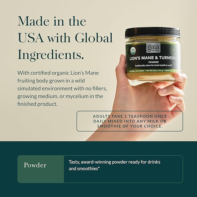 Gaia Herbs Lion's Mane & Turmeric Powder - Herbal Mushroom Supplement Powder to Help Maintain Brain Health and Recall - USDA Certified Organic-3.53 Oz (Up to 45-Day Supply)