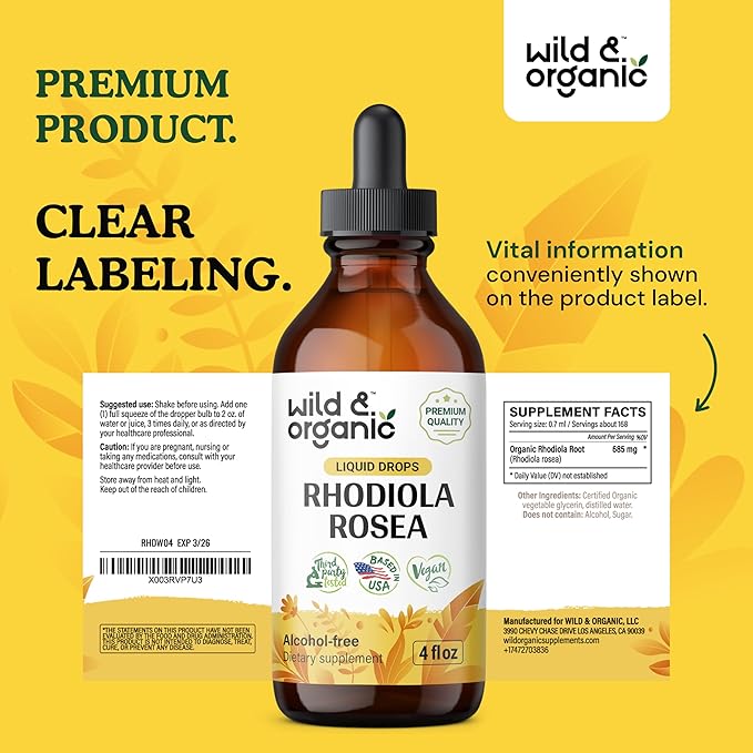 Wild & Organic Rhodiola Rosea Tincture - Rhodiola Rosea Supplement for Mood Support - Relaxing Root Extract Liquid Drops - Vegan, Sugar & Alcohol-Free - 4 fl oz