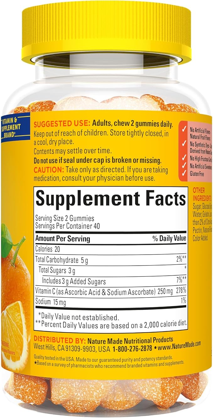 Nature Made Vitamin C 250 mg per serving, Dietary Supplement for Immune Support, 80 Gummies, 40 Day Supply