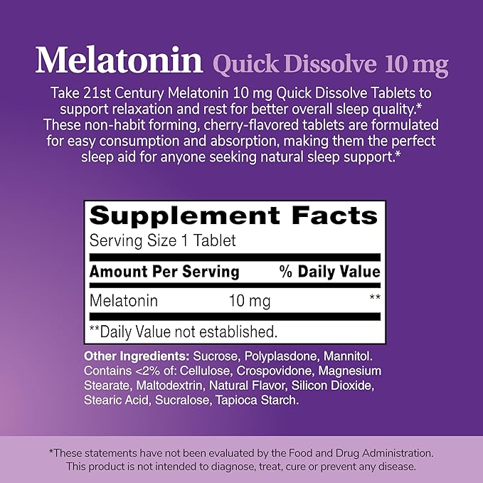21st Century, Melatonin Quick Dissolve Tablets 10 mg, White, Cherry, 120 Count