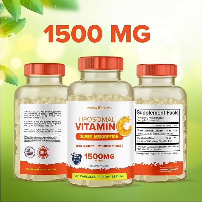 Liposomal Vitamin C Capsules 1500mg Buffered High Absorption VIT C, Immune System & Collagen Booster, 1500 mg High Dose Fat Soluble Immunity Support Ascorbic Acid Supplement (200 Capsules) Vegan