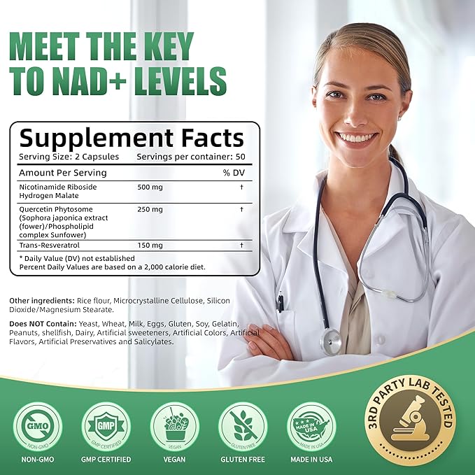 NAD Supplement, NAD Nicotinamide Riboside 900 Mg for Men and Women, Liposomal NAD+ Supplement with Nicotinamide Riboside, Resveratrol & Quercetin, Energy, Boost NAD+, 200 Capsules