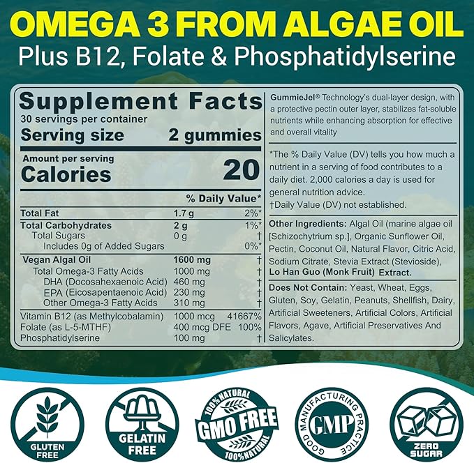 Vegan Omega 3 Gummies 1000mg w/MethylFolate, Vitamin B12, Omega 3 Fish Oil Alternative for Adults, Plant Based DHA 460mg & EPA 230mg for Brain, Mobility, Eye & Immune, Sustainable, Sugar Free, 60 Cts