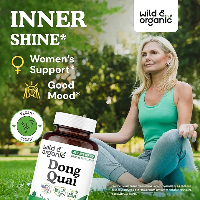 Wild & Organic Dong Quai Capsules for Women - 1000 mg per Serving - Dong Quai Root Supplement - 45-Day Supply - Traditional Angelica Sinensis - Non-GMO, Vegan - 90 Count