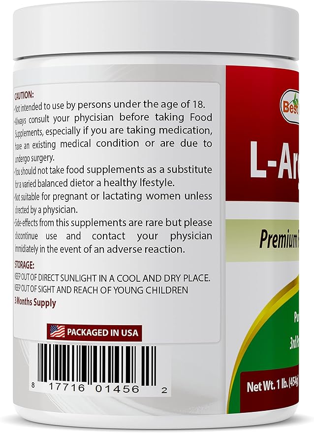 Best Naturals L-Arginine Powder 1 Pound - Pure Pharmaceutical Grade Free Form - Best Amino Acid Arginine Supplements for Women & Man - Promotes Circulation and Supports Cardiovascular Health