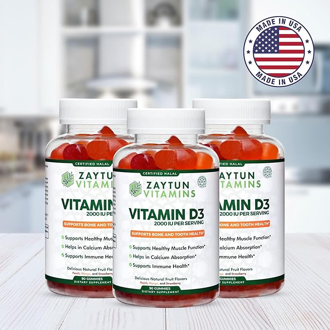 Zaytun Halal Vitamin D3 2000 IU Gummies, Supports Bone & Immune Health, Promotes Muscle Function, Gluten & Gelatin Free, (3-Pack) - Made in USA