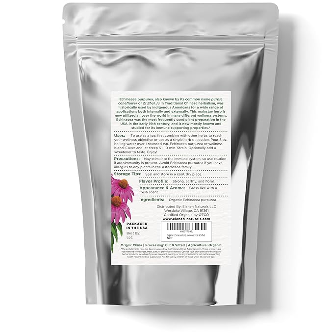 Organic Echinacea Purpurea 4 oz. (113g), USDA Certified Dried Echinacea Tea, Premium Quality Herb, Purple Coneflower, Cut & Sifted