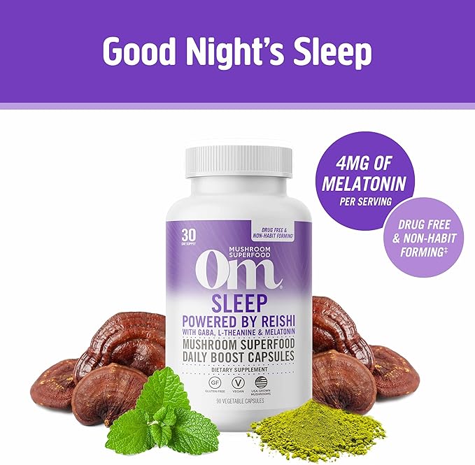 OM MUSHROOM SUPERFOOD Sleep Mushroom Capsules Superfood Supplement, 90 Count, 30 Days, Reishi, GABA, L-Theanine, Melatonin for Rest & Sleep Quality Superfood Supplement