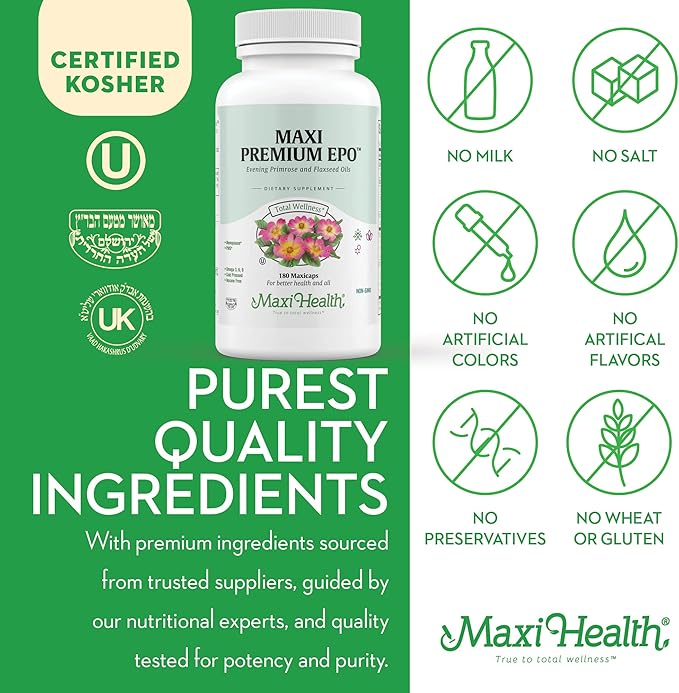 Maxi-Health Evening Primrose and Flax Seeds Oil Softgels - Vegan Omega 3 6 9 Supplements for Healthy Skin, Hair, and Joints - Kosher Certified, Organic Evening Primrose Oil Softgels, 180 Count