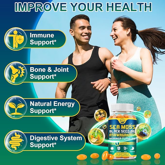 Nature's live Organic Sea Moss Softgels, with Black Seed Oil, Ashwagandha, Bladderwrack, Ginger, Burdock Root, Manuka Honey, Cinnamon for Immune System, Skin, Energy, 90 Softgels, 1 Pack