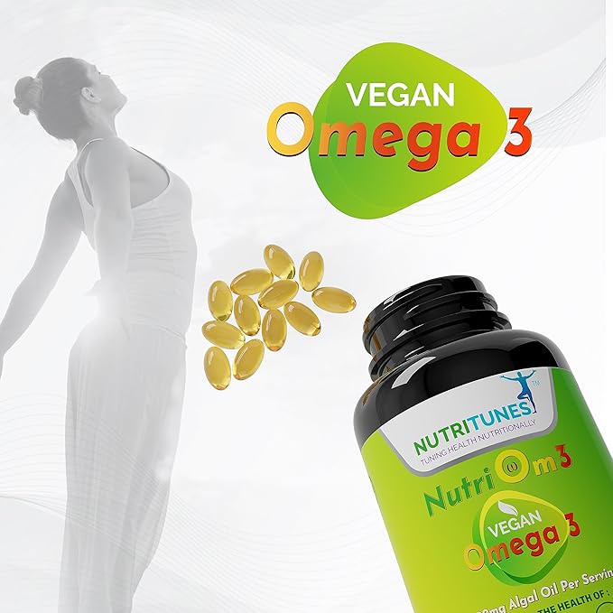 Vegan Omega 3 – Plant-Based DHA & EPA for Brain, Eye & Heart Health – 120 Softgels - NutriOm3 - made with Sustainably Sourced Premium Algal life’s OMEGA with SeaGel technology - Non-GMO, Allergen Free
