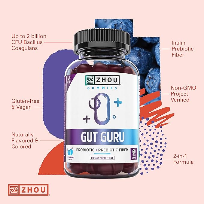 ZHOU Nutrition Gut Guru Prebiotics and Probiotics for Women and Men, 2 in 1 Probiotic and Prebiotic Gummies for Digestive Gut Health and Immune Support, Vegan, Gluten Free, Non-GMO, 60 Count