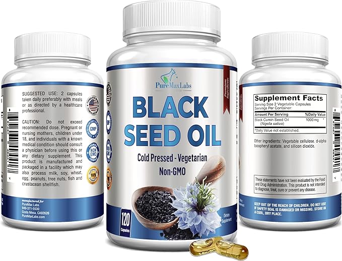 Cold Pressed Black Seed Oil - 120 Capsules, Premium Nigella Sativa Pure Black Cumin Seed Oil with Vitamin E, for Hair, Skin & Immune Health - Non-GMO 120 Capsules