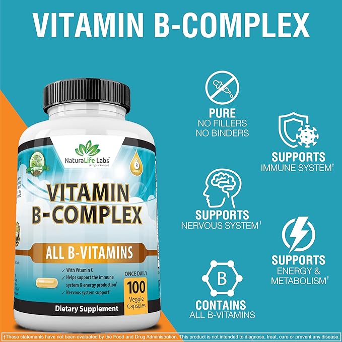 NaturaLife Labs Vitamin B Complex with Vitamin C and Folic Acid - B12, B1, B2, B3, Vitamin B5 Pantothenic Acid, B6, B7, B9 - Nervous System Support 100 Veggie Capsules