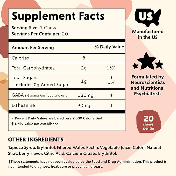 PYM Berry Mood Chews Support for Stress, Worry & Overwhelm, 20 Count | 130mg GABA, 90mg L-Theanine | Vegan, Non-GMO, Gluten-Free, No Added Sugar | All-Natural Mood Balance Supplement Made in USA