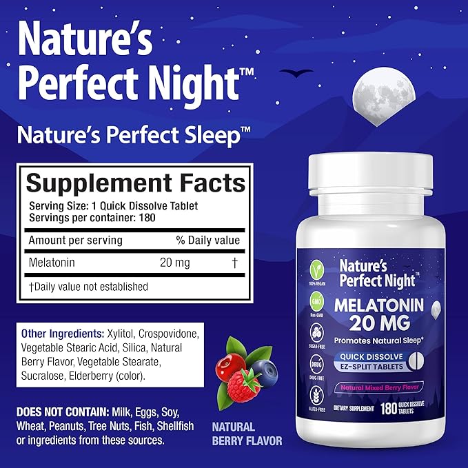 Nature's Perfect Night | Melatonin 20mg | 180 Quick Dissolve Tablets, 2-Pack | Natural Mixed Berry Flavor |High Potency | Sugar Free | Vegan | Gluten Free | 2 Count