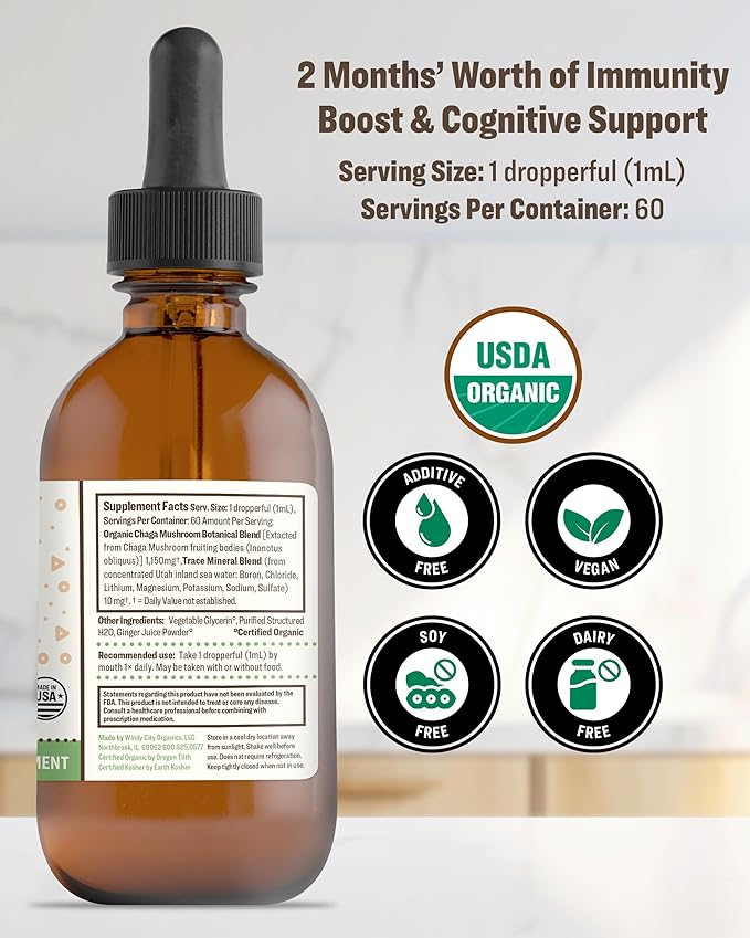 RawGuru Chaga Mushroom Supplement - Vegan Chaga Mushroom Extract with Trace Minerals - Nano-Processed Immunity Boost & Cognitive Supplement Tincture - 60 Servings of Vegan Drops per 60 ml, Pack of 1