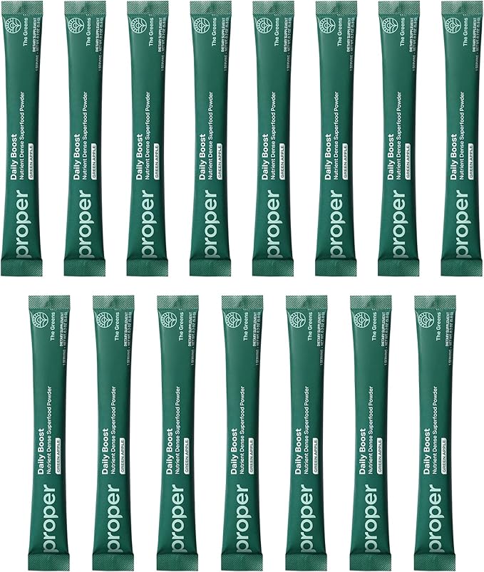 Proper, The Greens Daily Boost Organic Greens Powder. Whole Food, Apple Flavor Veggie Powder Superfood with Wheatgrass, Spirulina, Chlorella, Probiotics. Daily Drink Mix for Wellness and Digestion