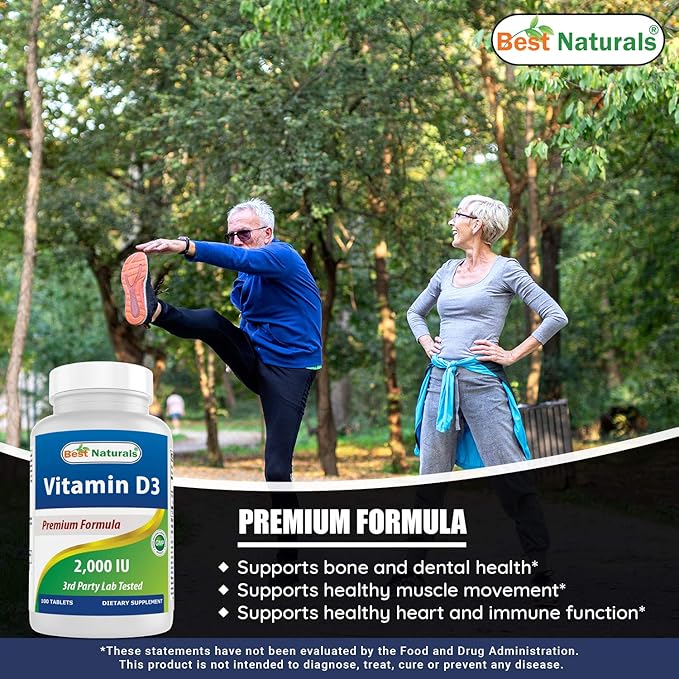 Best Naturals Vitamin D3 2000 IU (50 mcg) - 100 Tablets - 100 Days Supply - Helps Support Immune Health, Strong Bones and Teeth, & Muscle Function (100 Count (Pack of 2))