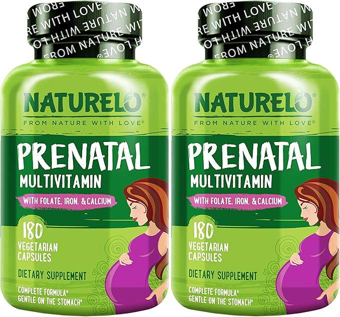 NATURELO Prenatal Multivitamin with Gentle Chelated Iron, Methyl Folate, Plant Calcium & Choline - Vegan, Vegetarian - Non-GMO - Gluten Free - 180 Capsules - 4 Month Supply (Pack of 2)