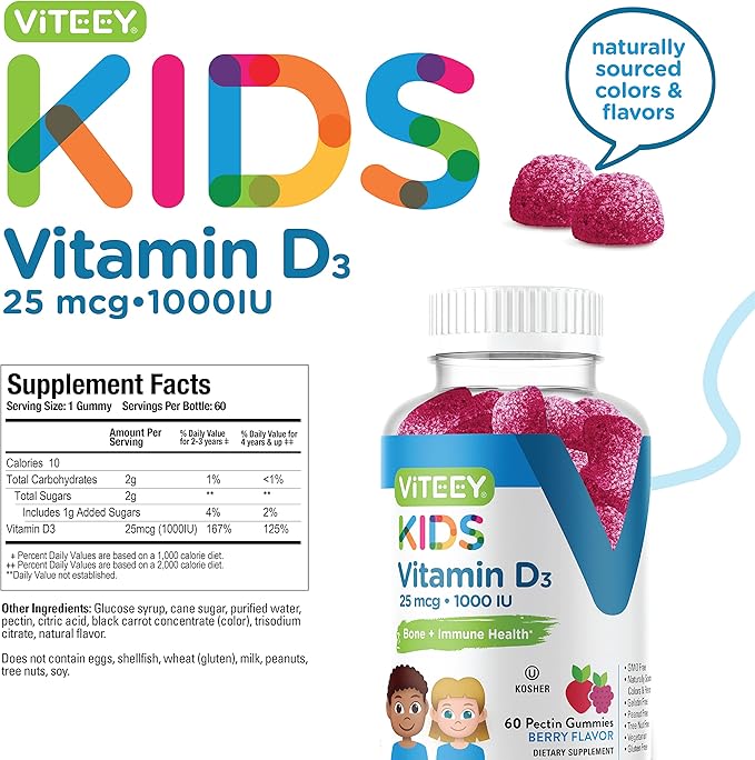 Vitamin D3 Kids Gummies 25mcg 1000 IU - Bone Health, Immune Health, Joint Muscle Support - Vegetarian, Gelatin Free, Gluten Free, GMO Free - Tasty Chewable Berry Flavored Gummy