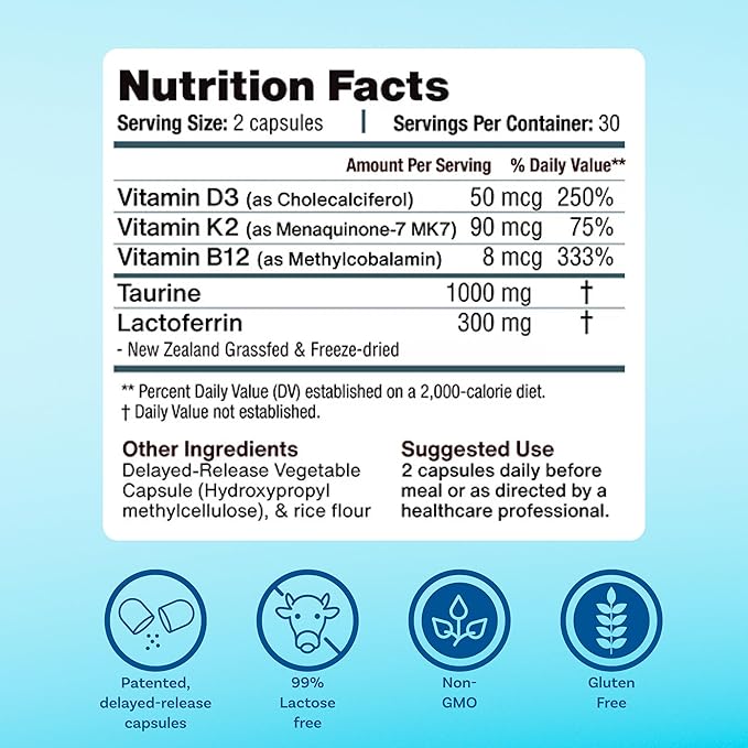 Immune Balance Supplement | Grass-Fed Lactoferrin, Taurine, Vitamins D3, K2 & B12 | 30-Min Delayed-Release | Promotes Gut, Digestive & Overall Wellness | Low Lactose, Made in USA