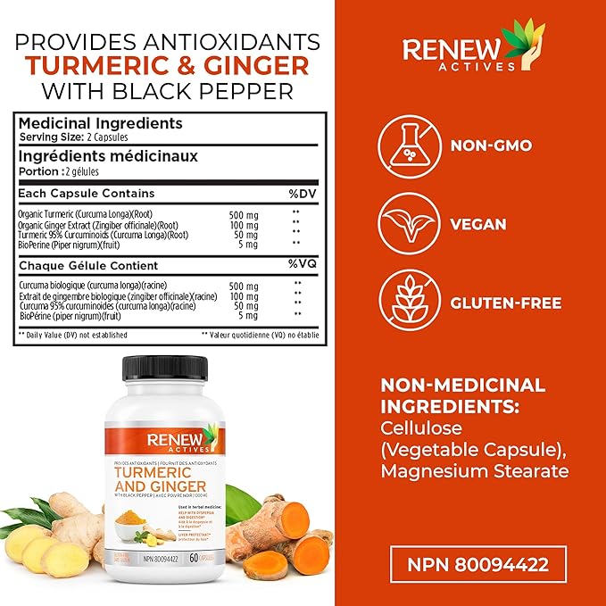 Renew Actives Turmeric Curcumin 1000MG & 200MG Ginger per 2 Capsules - Potent Antioxidant with Bioperine & Black Pepper Blend for Digestive & Liver Health - Made in Canada - 60 Capsules