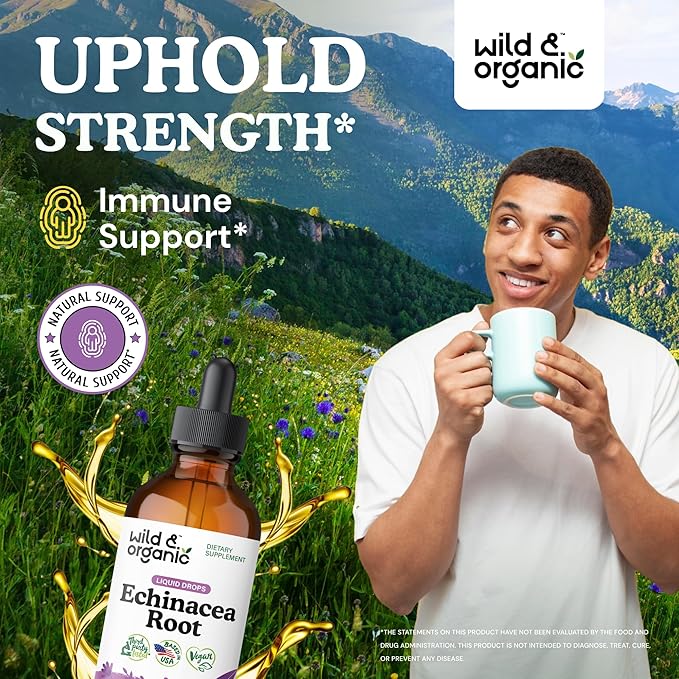 Wild & Organic Echinacea Drops - Immune Support Supplement with Echinacea Angustifolia - Liquid Root Extract Tincture - Vegan, Sugar & Alcohol-Free - 4 fl oz