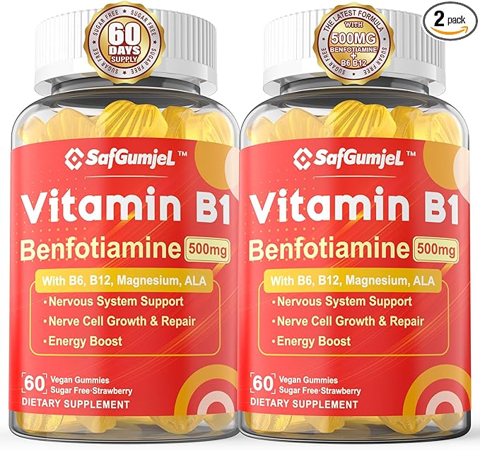 Vitamin B1 Gummies - Benfotiamine 500mg, Vitamin B1 B6 B12 Complex, 3.6X More Effective Than Thiamine, Carbohydrate & Energy Plus Healthy Nervous System, 2 Pack