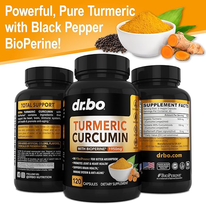Turmeric Curcumin with BioPerine Supplement Capsules - Support Supplements with 1950mg Curcuma Longa Pure Organic Tumeric and Curcumin BioPerine Black Pepper - 120 Turmeric Pills