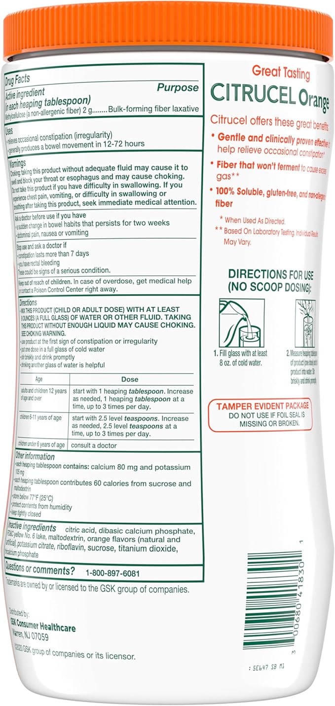 Citrucel Powder Orange Flavor Fiber Therapy for Occasional Constipation Relief, 30 ounce