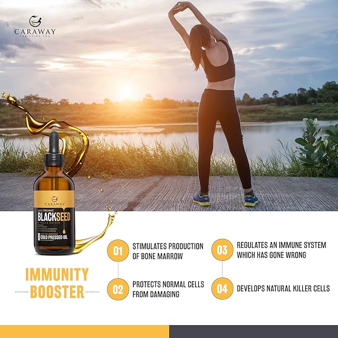 CARAWAY Black Cumin Seed Oil – Cold Pressed Black Seed Oil rich in Thymoquinone – Immunity Booster – Hair Care – Glass Bottle – 8 oz / 236 ml